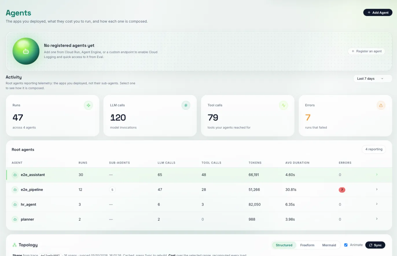 Agents page: root agents with runs, LLM calls, tool calls, tokens and errors